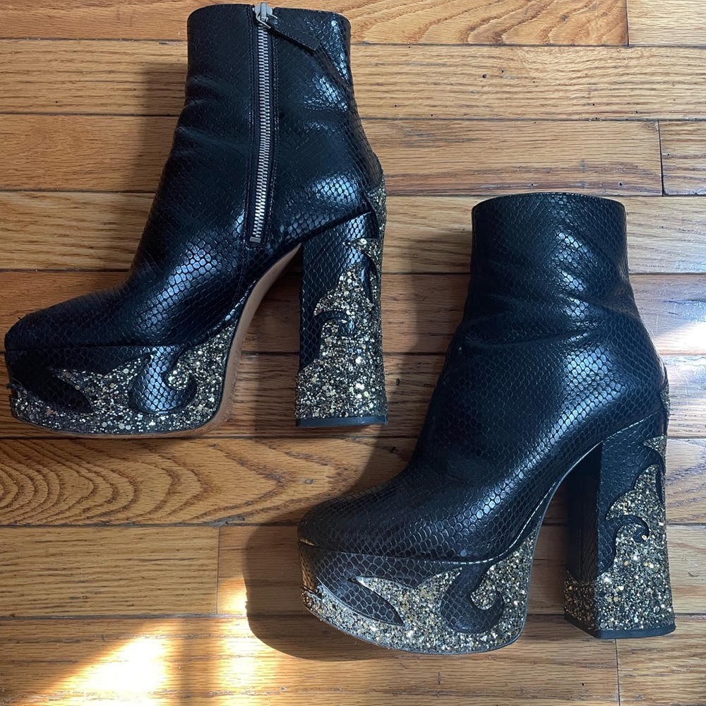 Marc Jacobs Stasha snake-embarrassed platform glitter boots